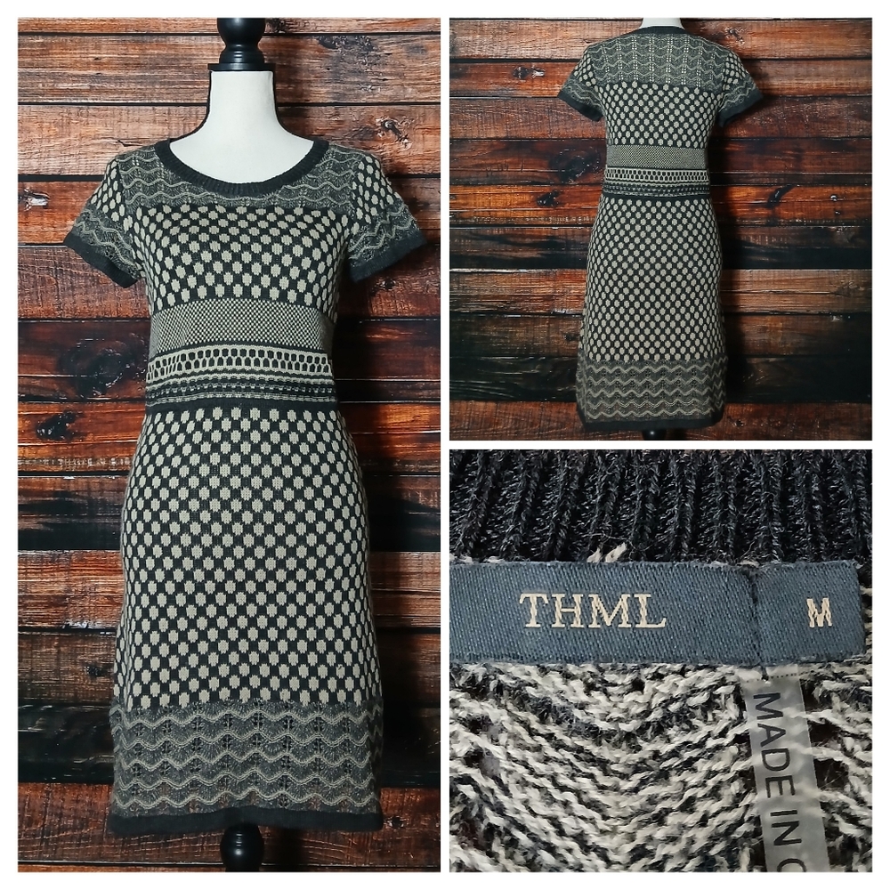 THML Sweater Dress M Short Sleeve Gray Tan Geometric